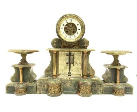 Large Victorian onyx garniture, comprising of clock with white enamel dial and Arabic chapter ring, eight day movement,  merc