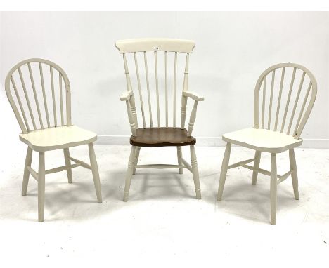 White painted farmhouse carver, with an ash saddle seat over ring turned supports, (W52cm) together with two other white pain