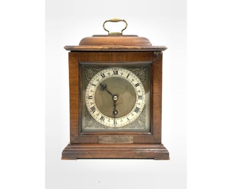 Smiths walnut cased walnut mantel / presentation clock, silvered dial with gilt metal spandrels, platform balance movement - 