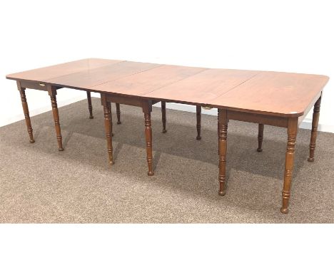 Georgian mahogany dining table, double drop leaf to centre with gate leg action and two 'D' ends, raised on a replacement bas