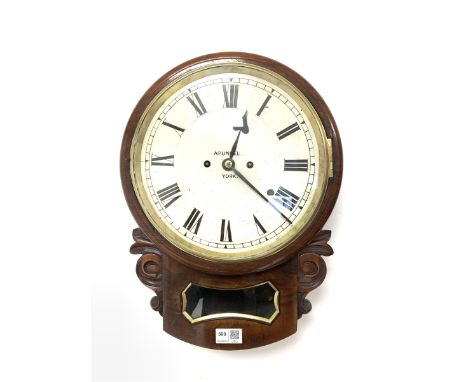 Mid 19th century mahogany drop dial wall clock, white enamel dial with Roman chapter ring inscribed 'Arundel, York', the twin