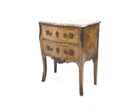 Early 20th century walnut and Kingwood bombe chest, shaped and moulded rouge marble top, two drawers, inlaid with flower head