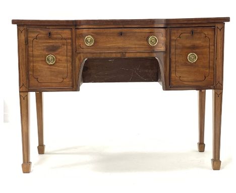 George IV mahogany break bow front sideboard, with ebonised string inlay, two drawers and a cupboard, raised on square tapere