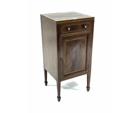 Edwardian cross banded mahogany and box wood and ebony strung bedside cabinet by Maple &amp; Co, fitted with one drawer and a