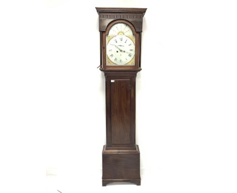 Early to mid 19th century mahogany longcase clock, dentil cornice over fluted frieze and arched door, water leaf capped reede