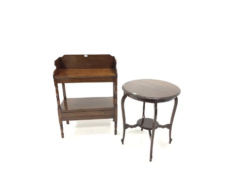 Early 19th century mahogany washstand, with raised gallery back over covered washbowl recess, under tier fitted with drawer, 