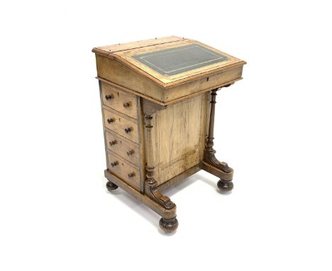 Late Victorian figured walnut davenport, hinged sloped front with inset leather top revealing birdseye maple interior, rear h