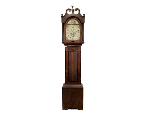 19th century oak and mahogany banded longcase clock, white enamel dial with Arabic chapter ring, subsidiary seconds ring and 