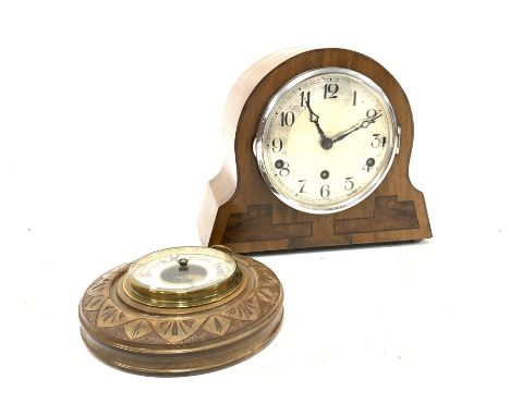 Early 20th century inlaid walnut cased mantel clock, silvered dial with Arabic chapter ring, Westminster chiming movement (W2