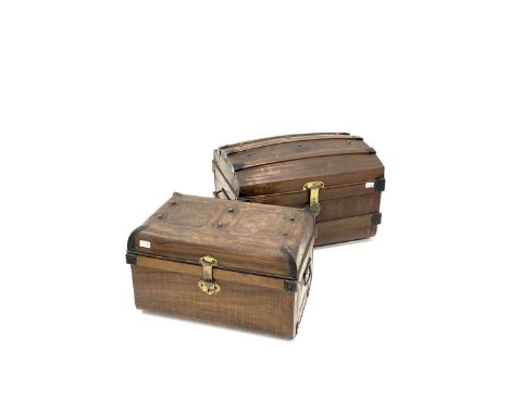 Early 20th century japanned steel dome top travelling trunk, (W65cm) and another similar trunk (W61cm - Condition Report 