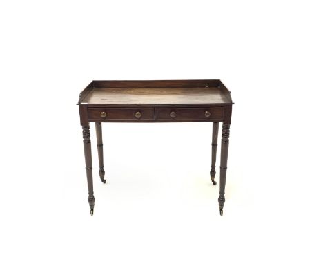 Victorian mahogany side table, raised gallery back, fitted with two cock beaded drawers, on turned supports and castors - Con