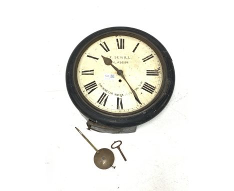 Late 19th century station clock, in circular ebonised case, white enamel dial with Roman chapter ring inscribed 'F. Sewill, G