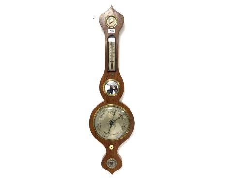 Late 19th century rosewood wheel barometer and thermometer, with silvered registers and convex mirror, H95cm - Condition Repo