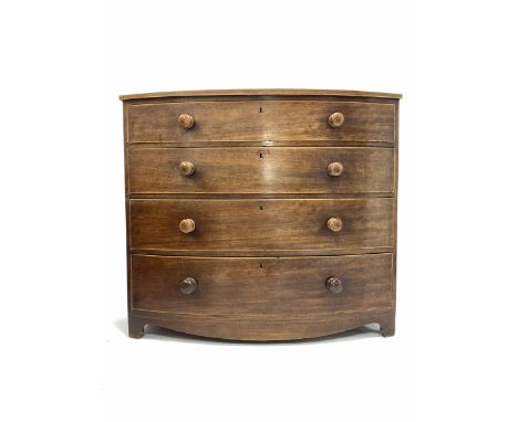 Early to mid 19th century mahogany and boxwood strung bow front chest fitted with four long graduated drawers - Condition Rep