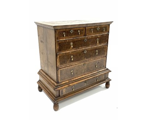 Early 18th century and later Queen Anne burr walnut and oak crossbanded chest on stand, the top section fitted with two short
