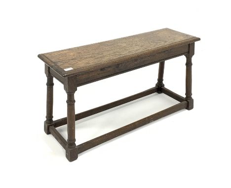 18th century style long joint stool, moulded top raised on ring turned and block supports - Condition Report 