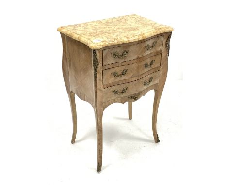 Small French kingwood and walnut serpentine front chest, with marble top, fitted with three drawers, gilt metal mounts, raise