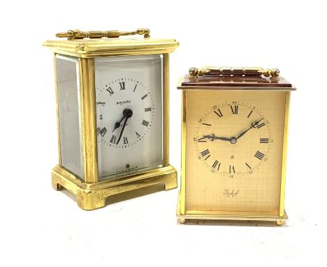 Brass carriage clock timepiece, white enamel dial with Roman chapter ring inscribed 'Bayard' eight day movement (W8cm) togeth