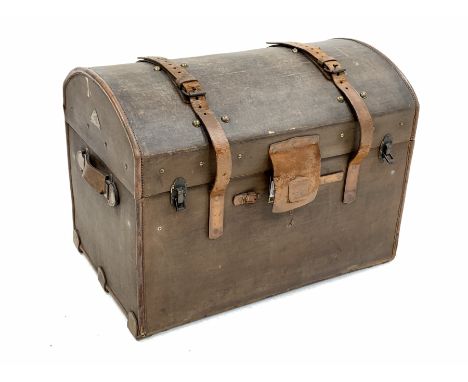 Early 20th century canvas covered and leather bound dome top travelling trunk, silk lined interior fitted with lift out tray 