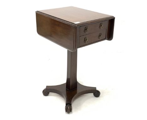 Regency mahogany drop leaf work table, with two drawers opposite two faux drawers, raised on a square pedestal leading to pla