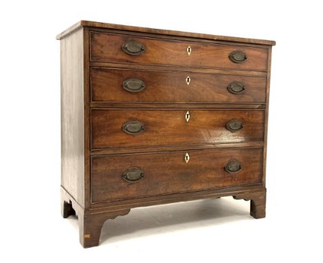 George III mahogany chest fitted with four long graduated cock beaded drawers, raised on shaped bracket supports  - Condition