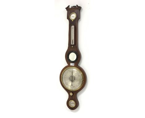 19th century mahogany cased barometer, broken arch pediment, boxwood and ebonised string inlay and silvered dial,  - Conditio