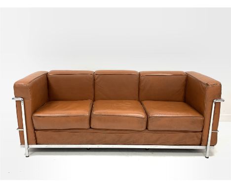 After Le Corbusier - Mid 20th century three seat sofa with chrome frame and brown leather upholstered arm rests and loose cus