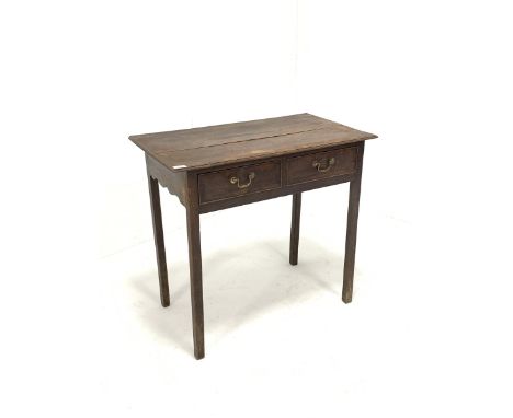 George III oak side table, mahogany crossbanded top and two drawers, raised on square chamfered supports  - Condition Report 