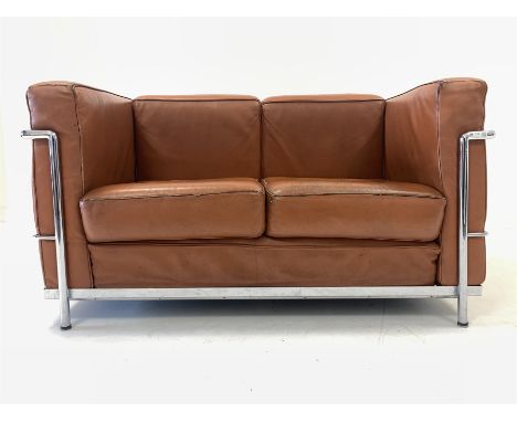 After Le Corbusier - Mid 20th century two seat sofa with chrome frame and brown leather upholstered arm rests and loose cushi