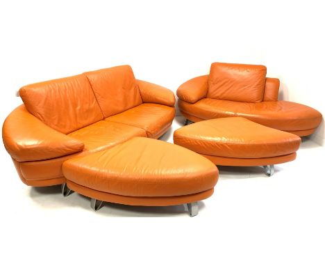 Contemporary Italian lounge suite, comprised of an orange leather two seat sofa, raised on brushed metal supports, (W228cm) w