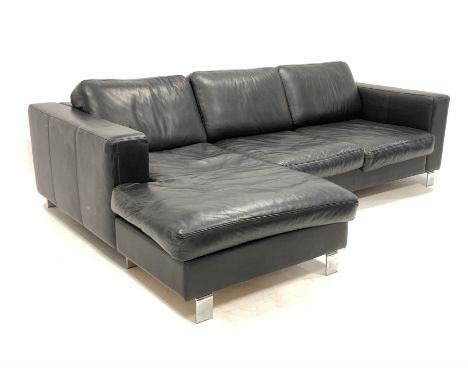 BoConcept - contemporary three seat sofa with adjustable headrests, one end with integral foot rest, upholstered in black lea