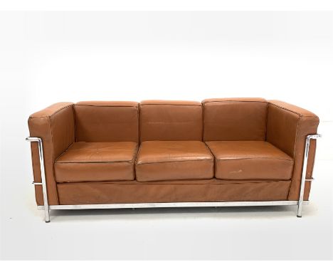 After Le Corbusier - Mid 20th century three seat sofa with chrome frame and brown leather upholstered arm rests and loose cus