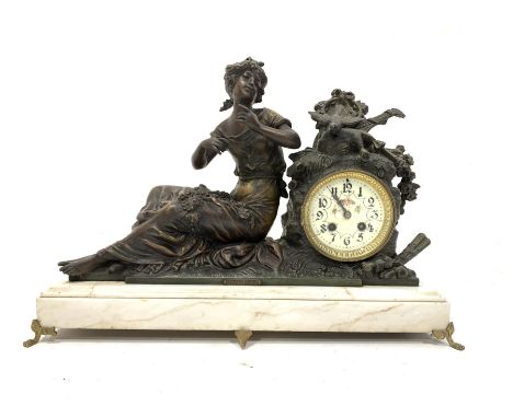 Late Victorian figural spelter mantle clock signed Mourey, white enamel dial with Arabic chapter ring, with a stepped white m