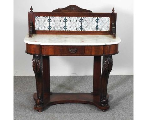 A Victorian mahogany marble top washstand, with a tiled back, together with two wall mirrors (3)90w x 40d x 96h cmOverall com