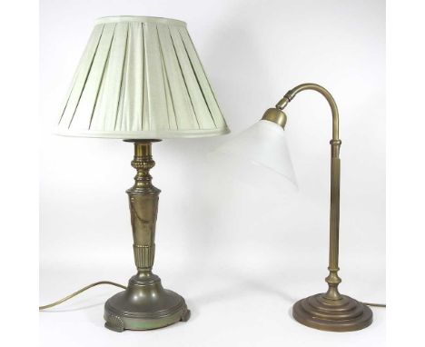 A brass desk lamp, a table lamp and shade, 61cm overall, together with two pairs of Jim Lawrence wall lights(4)