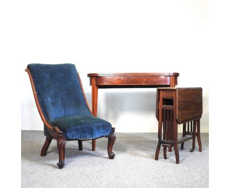 A George III folding card table, 92cm wide, together with an Edwardian sutherland table and a Victorian blue upholstered chai