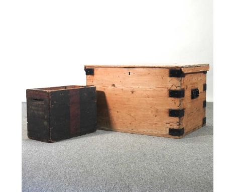 An antique pine and iron bound trunk, together with a painted wooden munitions box and four botanical prints (6)83w x 59d x 5