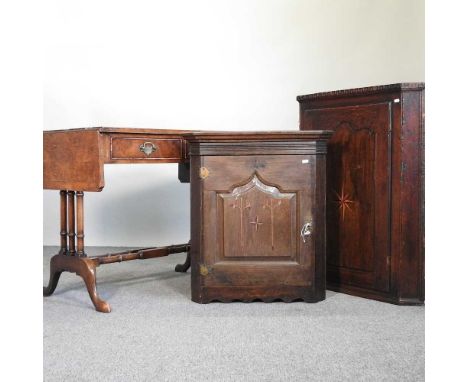 A George III hanging corner cabinet, together with another smaller and a reproduction sofa table (3)137w x 57d x 74h cm sofa 