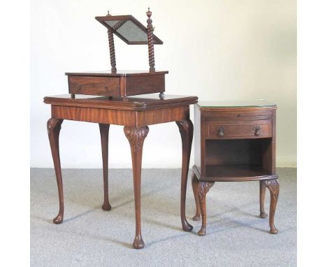 An early 20th century folding card table, together with a Victorian rosewood swing frame toiletry mirror and a 1930's bedside