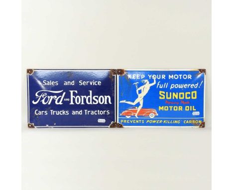 A vintage style Motor Oil enamel sign, 20 x 29cm, together with another Fordson (2)