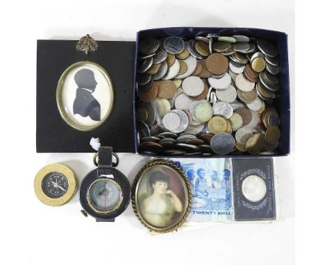 A collection of coins, together with two portrait miniatures, a mid 20th century military pocket compass and foreign banknote