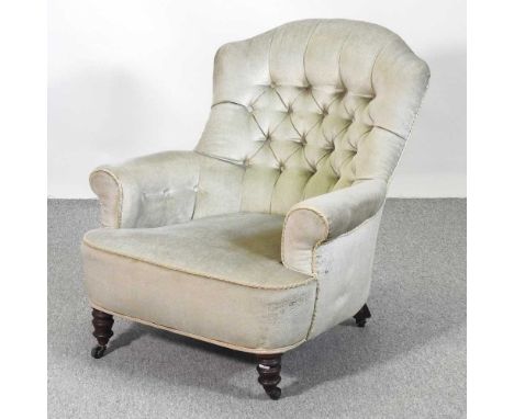 A Victorian green upholstered button back armchair