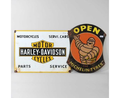 A vintage style Michelin painted enamel advertising sign, 35 x 28cm, together with another Harley Davidson (2)