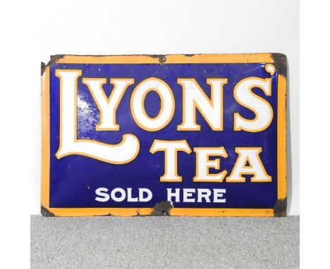 A vintage enamel sign, Lyons Tea Sold Here, 50 x 75cmThis appears to have some age and not a recent copy. Collected from the 
