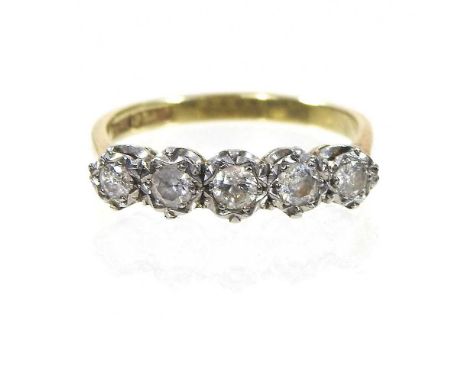 An 18 carat gold and platinum set five stone diamond ring, approx. 0.6 carats, 2.6g, size O