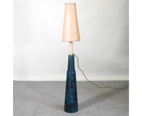 A 1960's glazed pottery table lamp and shade, stamped patent to the base, 34cm high overallGlued at the neck