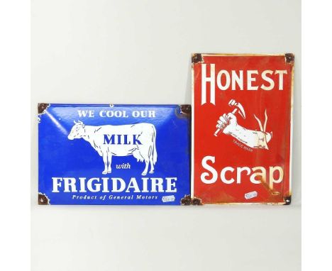 A vintage style enamel Milk advertising sign, 21 x 30cm, together with another Honest Scrap (2)