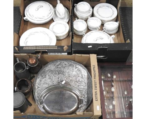 A Worcester Harvest Ring pattern dinner service, together with a plated tray, silver plate and pewter