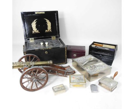 A wooden model gun carriage, 40cm long, together with a 19th century Chinese lacquer caddy, silver plate and boxes