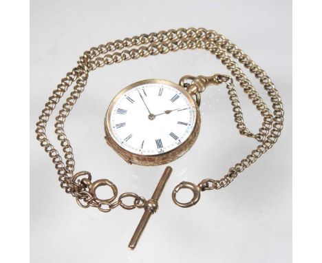 An early 20th century ladies 14 carat gold cased open faced pocket watch, with a white enamel dial and engraved hinged case, 